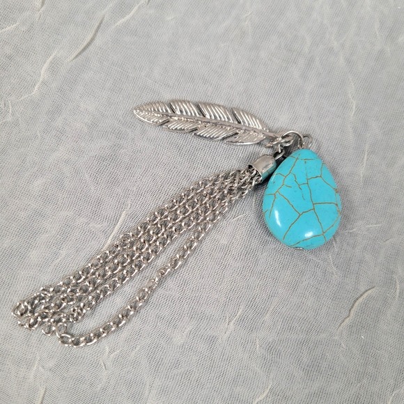 Jewelry - Feather Tassel Pendant Silver Tone Blue Stone Southwestern Style Bohemian